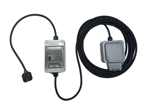 EV granny charger high quality 13A weatherproof outdoor waterproof extension lead complete with either manual timer or Wi-Fi controlled unit with metering.