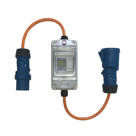 Robust weatherproof kWh marine boat meter with digital MID certified class 1 accuracy meter. High quality shoreline cable with a IEC60309 commando 230v 16A plug and socket