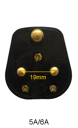 5A round pin plug to 13A plug adaptor to enable appliances with a BS 546 UK/Indian (type D) plug to be used with a 13A UK (type G) socket