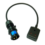 Stage lighting adaptors 16A IEC 60309 commando plug to Permaplug round pin BS546 trailing socket. H07RN-F rubber cable and high quality connectors.