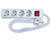 Travel adaptor to enable European, German Schuko and CEE 7/7 plugs to be used with a UK 13A socket. 4 gang Schuko socket.