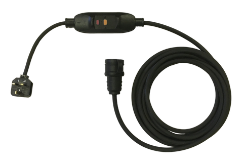 Extension lead to enable hot tubs with a 16A European Schuko or CEE7/7 plug to be connected to a UK 13A socket. Inline RCD, H07RN-F rubber cable.