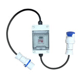 Heavy duty digital timer time switch, suitable for controlling high power appliances including electrical vehicles (EVs), heaters and Christmas lights. IEC60309 commando 16A 230v plug and socket. Commercial, industrial. Weatherproof IP55 enclosure. H07RN-F rubber cable.