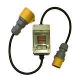 110v 32A heavy duty site proof in-line digital power meter with 16A CEE plug/socket. Voltage, volts, amperage, amps, watts. IP55. H07RN-F. Temporary site power supply, generator, tool hire, events, marquees, stage lighting.