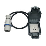 EV weatherproof granny charger campsite and industrial socket adaptor to enable a granny charger with a UK 13A plug to be connected to an IEC60309 230v 32A commando socket hook up.