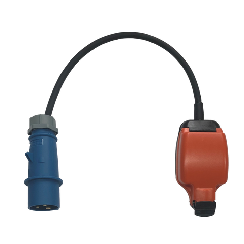 Generator 230v 16A IEC60309 plug to splashproof UK 13A socket.