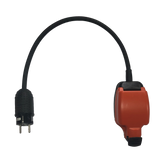 Generator 230v 16A European 2 pin Schuko/CEE7/7 plug to splashproof UK 13A socket.