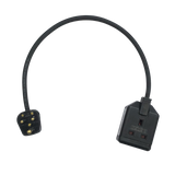 Heavy duty travel adaptor to enable appliances with a UK 13A plug to be used with 6A Indian and 5A British BS546 round pin sockets. H07RN-F rubber cable.