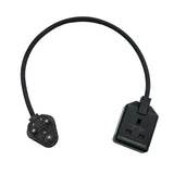 Heavy duty travel adaptor to enable appliances with a UK 13A plug to be used with 16A South African and 15A British BS546 round pin sockets. H07RN-F rubber cable.