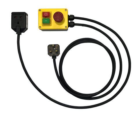 No volt release safety switch, ideal for controlling tools and machinery, with a locking emergency stop switch for added safety. Simply plug the unit in between the tool and the power supply. 230v 13A
