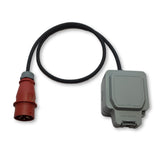 EV weatherproof granny charger campsite and industrial socket adaptor to enable a granny charger with a UK 13A plug to be connected to an IEC60309 415v 16A 3 phase commando socket hook up.