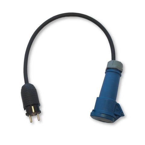 Heavy duty adaptor to enable appliances with a 230v 16A IEC 60309 commando plug to be connected to a European Schuko or French socket.