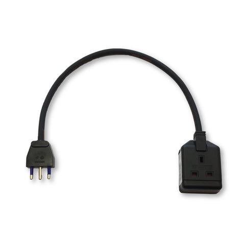 Heavy duty travel adaptor to enable appliances with a UK 13A plug to be used with 16A Italian sockets. H07RN-F rubber cable.