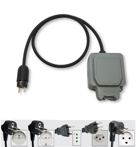 EV granny charger weatherproof travel adaptors to enable granny chargers with a UK 13A plug to be used across the world.