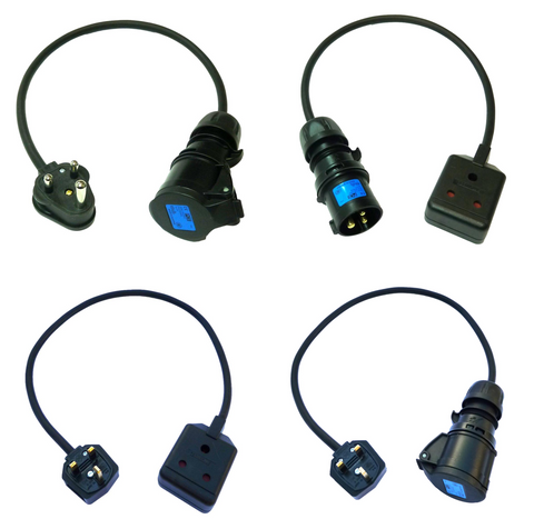 Stage lighting adaptors made with H07RN-F rubber cable and high quality connectors.