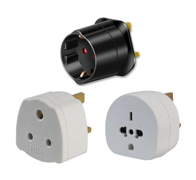 Travel adaptors for visitors to the UK to use appliances with UK 13A sockets.