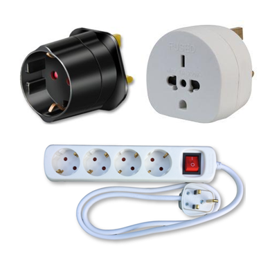 Range of adaptors to enable refugees from Ukraine to plug in appliances within the UK. Europlug, Schuko, 2 pin.