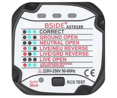 13A UK socket tester plug with RCD 30mA tester function.