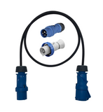 IP44 connectors, heavy duty H07RN-F rubber 16A 230v CEE IEC 60309 industrial plug to 16A socket extension lead. Camping, caravan, generator, catering hook up.