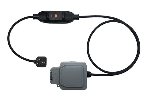 Extension lead for hot tubs with a 13A standard UK plug. IP66 rated single weatherproof socket, inline RCD, H07RN-F rubber cable.