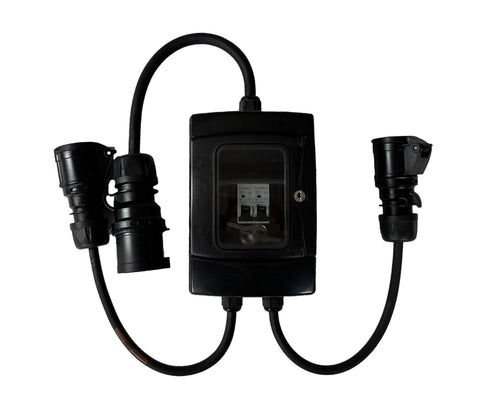 32A 230v to 2x 16A 230v black component stage lighting adaptor 