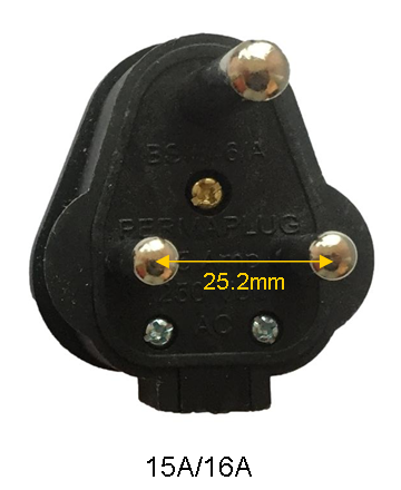 Heavy duty adaptor to enable 15A/16A round pin plugs used in stage lighting and in counties such as South Africa to be used in the UK