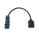 Heavy duty travel adaptor to enable appliances with a UK 13A plug to be used with 230v 16A IEC60309 commando sockets. H07RN-F rubber cable.