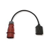 Heavy duty travel adaptor to enable appliances with a UK 13A plug to be used with 415v 16A 3 phase IEC 60309 commando sockets. H07RN-F rubber cable.