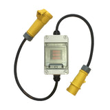 110v 16A heavy duty site proof in-line digital power meter with 16A CEE plug/socket. Voltage, volts, amperage, amps, watts. IP55. H07RN-F. Temporary site power supply, generator, tool hire, events, marquees, stage lighting.