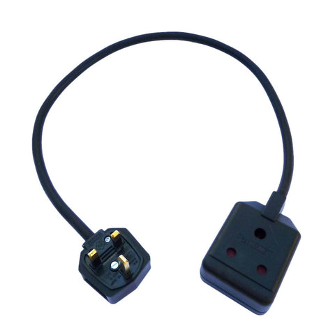 Stage lighting adaptors 13A UK plug to 15A Permaplug round pin BS546 trailing socket. H07RN-F rubber cable and high quality connectors.