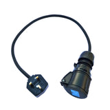 Stage lighting adaptors 13A UK plug to 16A IEC 60309 commando socket. H07RN-F rubber cable and high quality connectors.