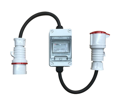 Industrial kWh MID approved power meter. Plug in 415v 16A IEC 60309 commando connectors, IP55 enclosure, H07RN-F rubber cable.