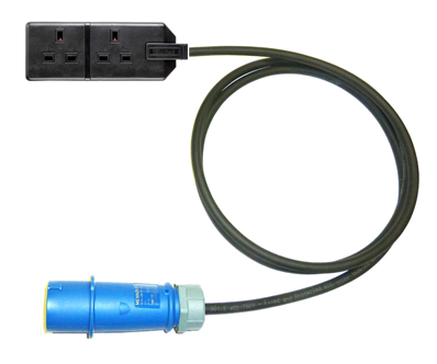 2 way gang 13A UK generator extension lead with H07RN-F rubber cable, 16A CEE IEC60309 commando plug