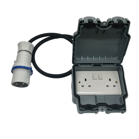 Generator adaptor 230v 32A IEC60309 plug to IP66 rated weatherproof 13A UK double socket.
