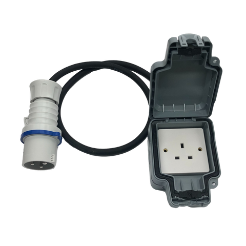 Generator adaptor 230v 32A IEC60309 plug to IP66 rated weatherproof 13A UK single socket.
