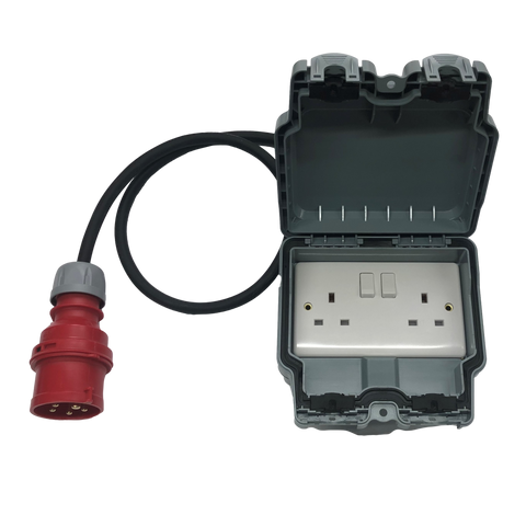 Generator adaptor 415v 32A IEC60309 plug to IP66 rated weatherproof 13A UK double socket.
