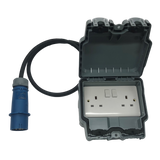 Generator adaptor 230v 16A IEC60309 plug to IP66 rated weatherproof 13A UK double socket.