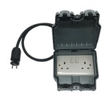 Generator adaptor 230v 16A European 2 pin Schuko/CEE 7/7 plug to IP66 rated weatherproof 13A UK double socket.