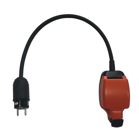Generator 230v 16A European 2 pin Schuko/CEE7/7 plug to splashproof UK 13A socket.