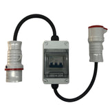 32A 415v to 16A 415v 3 phase adaptor with B16 MCB, IP55 enclosure and H07RN-F rubber cable.