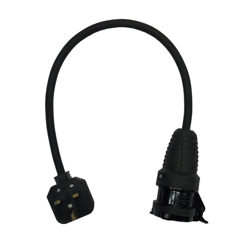 Heavy duty travel adaptors to enable appliance with a 2 pin European Schuko or CEE 7/7 plug to be used with a UK 13A socket. H07RN-F rubber cable.