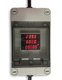 Heavy duty site proof in-line digital power meter with 16A CEE plug/socket.  Voltage, volts, amperage, amps, watts. IP55. H07RN-F. Temporary site power supply, generator, tool hire, events, marquees, stage lighting.