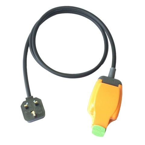 13A UK splashproof generator extension lead with H07RN-F rubber cable, Permaplug and splashproof socket.