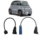 The Citroen Ami is supplied in the UK with a CEE7/7 European (2 pin plug). Range of adaptors to enable the Ami to be connected to a UK 13A socket and a 230v 16A IEC6039 commando socket at campsites and marinas.