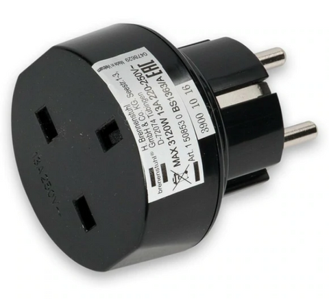 Travel adaptor to enable appliances with a UK 13A plug to be used in countries with European Schuko or French sockets.